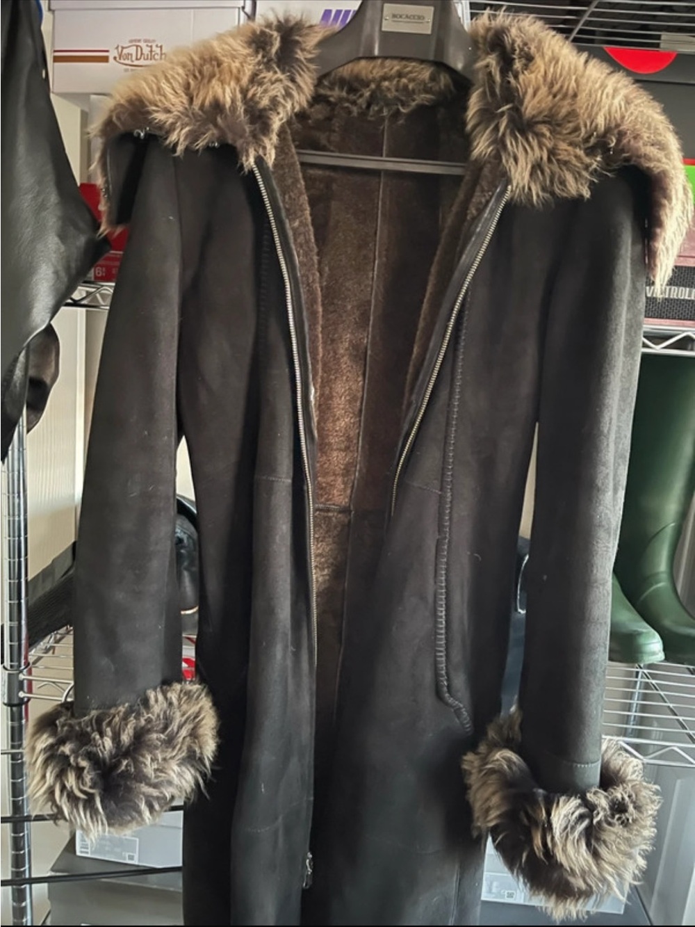 Women's Black 100% Lambskin Shearling Fur-Trim Long Coat by